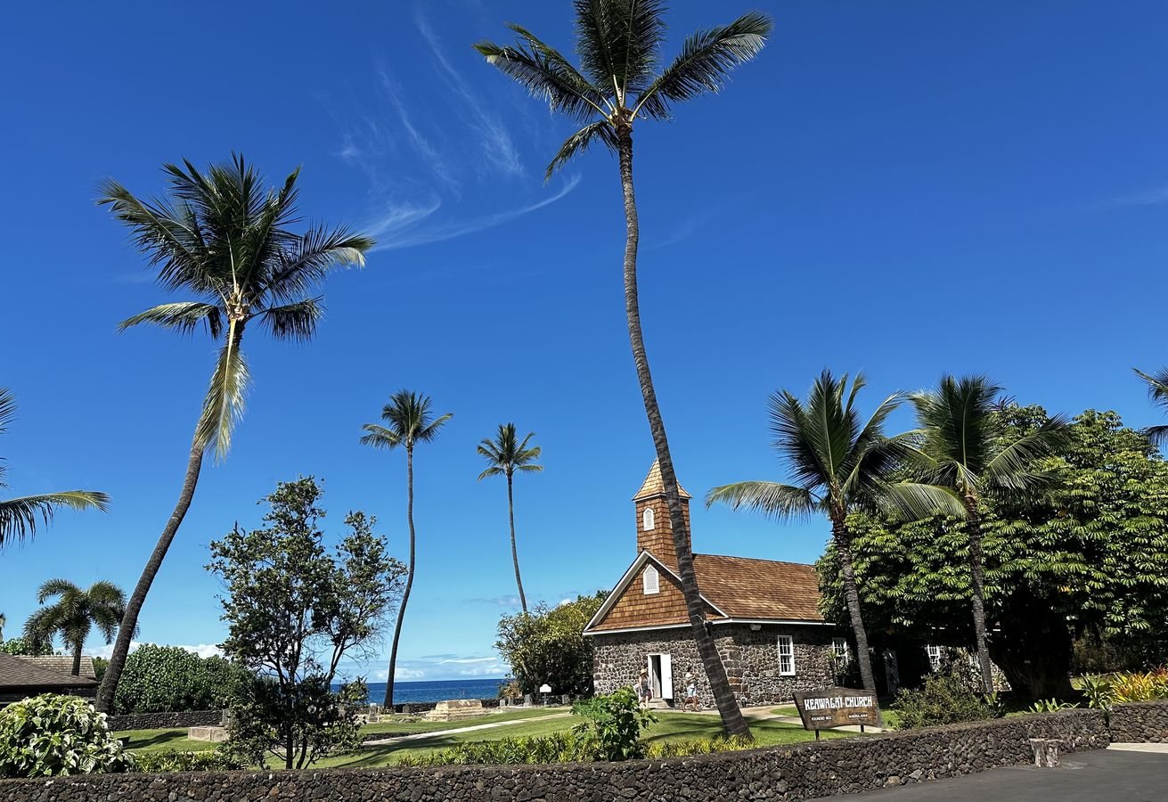 Historic Hawaiian church under palm trees, South Maui